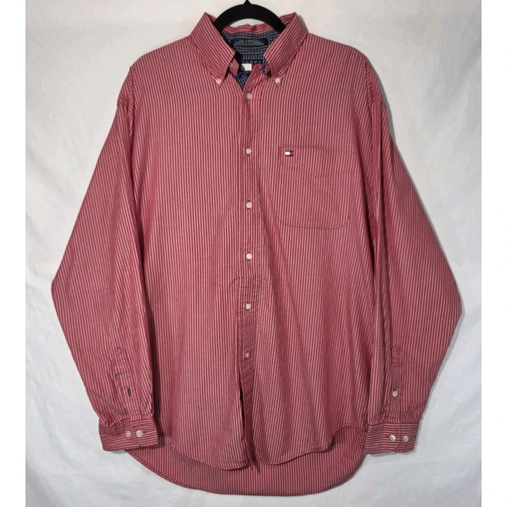 VTG Tommy Hilfiger Mens Dress Shirt Red White Vertical Striped Size M Nautical
